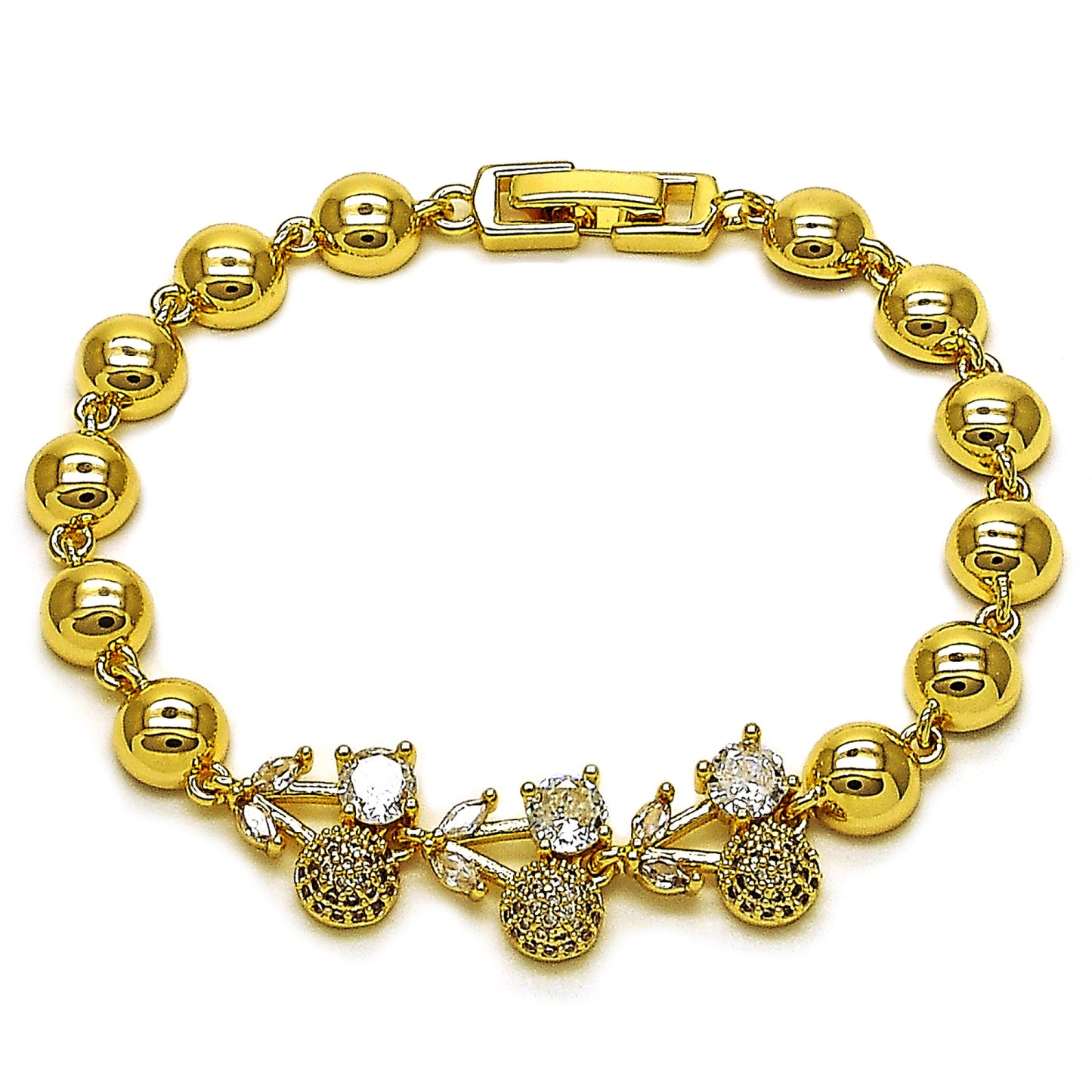 Gold Plated Gold Filled Oro Laminado Oro Laminado Fancy Bracelet, Gold Filled Style Cherry and Ball Design, with White Cubic Zirconia and White Micro Pave, Polished, Golden 