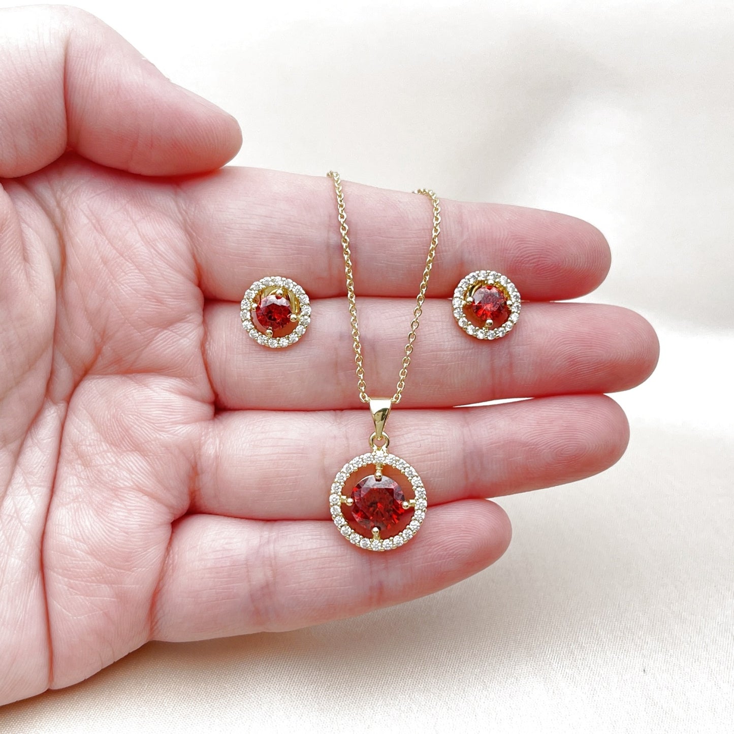 Oro Laminado Earring and Pendant Adult Set, Gold Filled Style Cluster Design, with Garnet and White Cubic Zirconia, Polished, Golden Finish