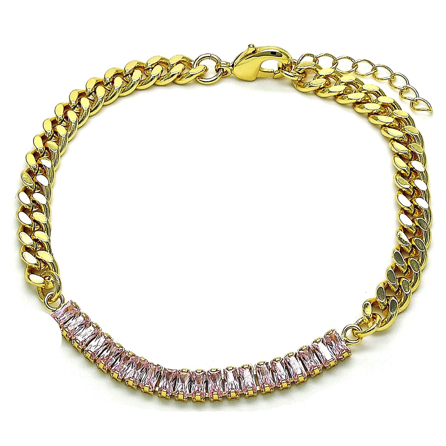 Oro Laminado Fancy Bracelet, Gold Filled Style Miami Cuban Design, with Pink Cubic Zirconia, Polished, Golden Finish