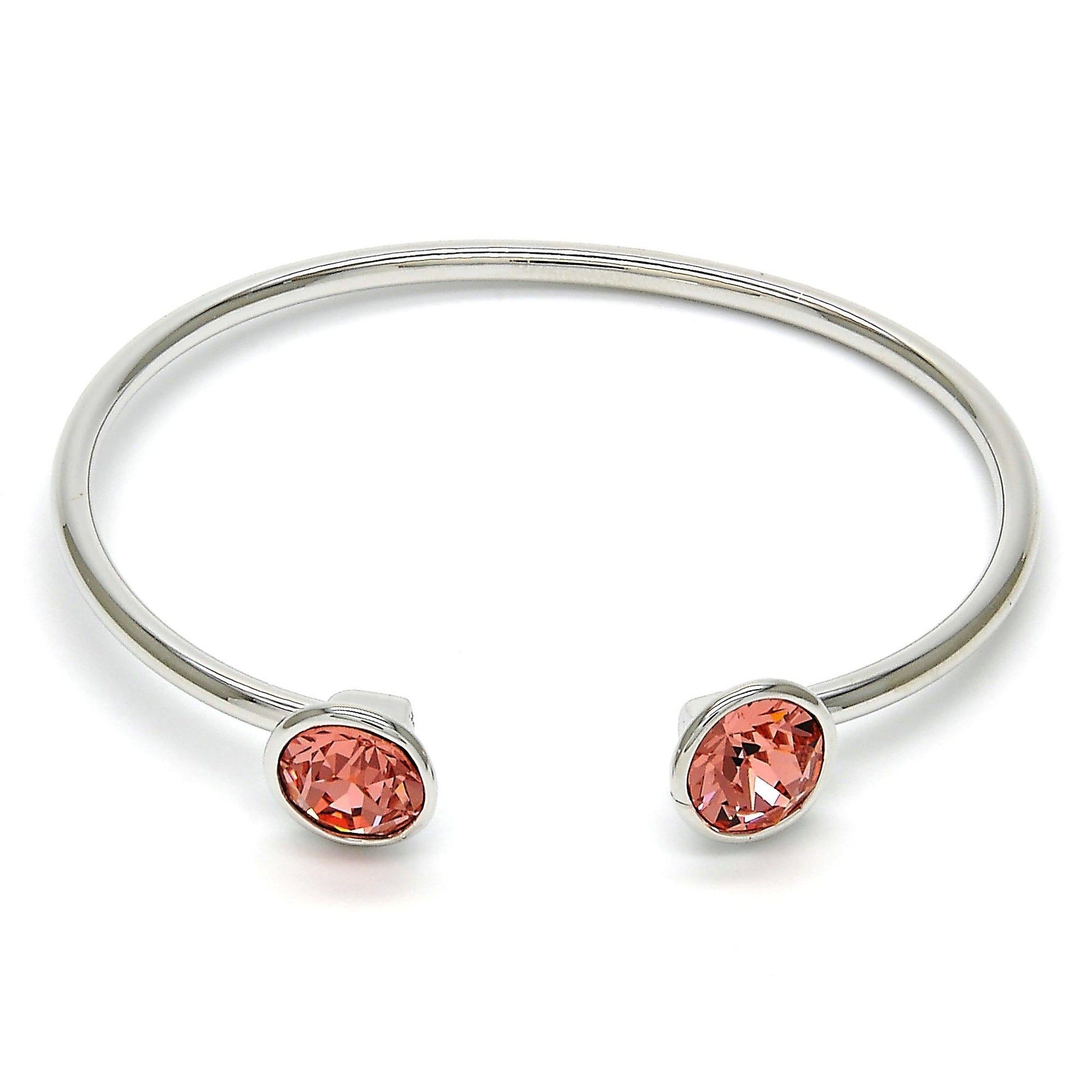 Rhodium Plated Individual Bangle, with Rose Peach Swarovski Crystals, Polished, Rhodium Finish