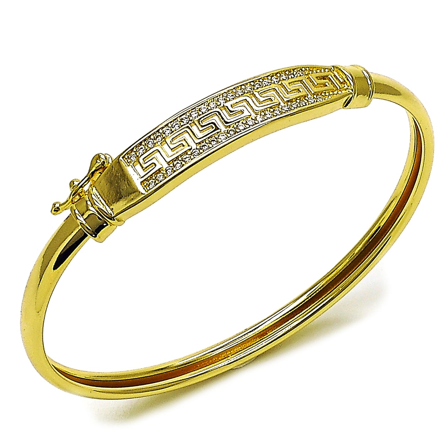 Gold Plated Gold Filled Oro Laminado Oro Laminado Individual Bangle, Gold Filled Style Greek Key Design, with White Cubic Zirconia, Polished, Golden 