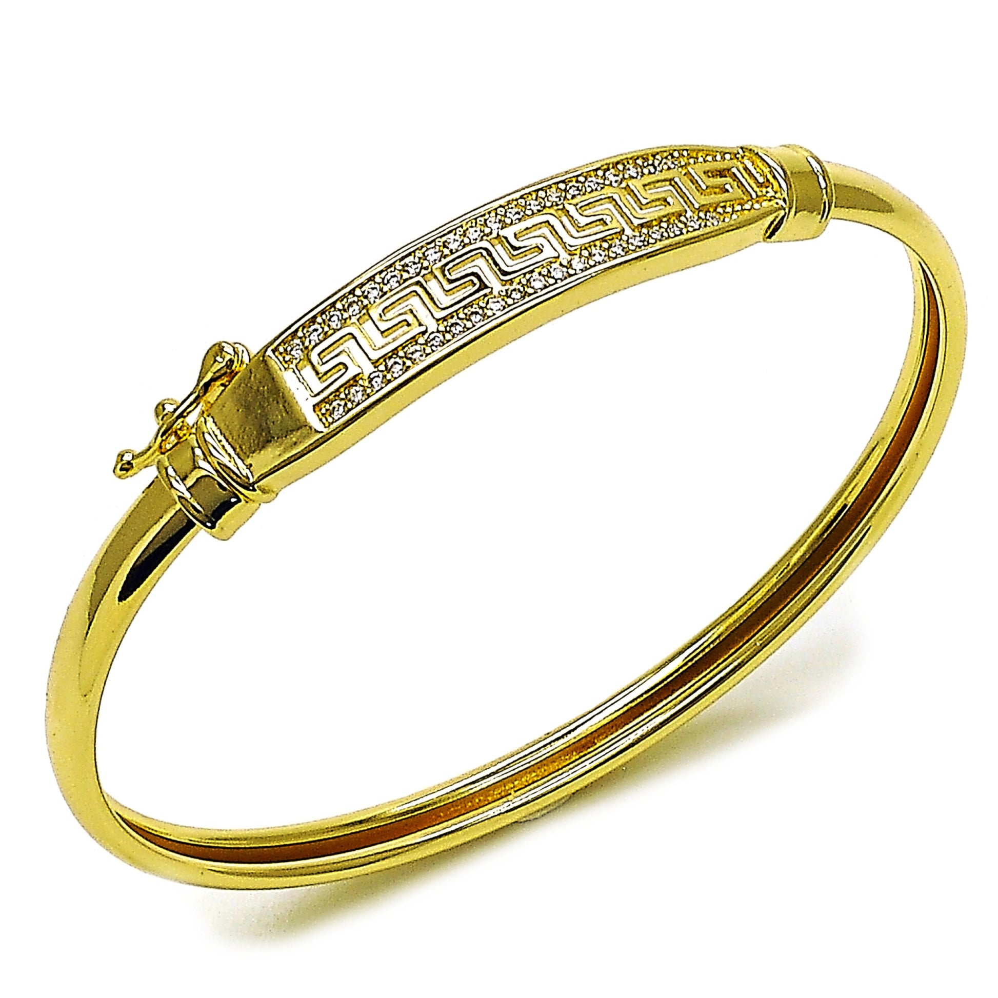 Gold Plated Gold Filled Oro Laminado Oro Laminado Individual Bangle, Gold Filled Style Greek Key Design, with White Cubic Zirconia, Polished, Golden 