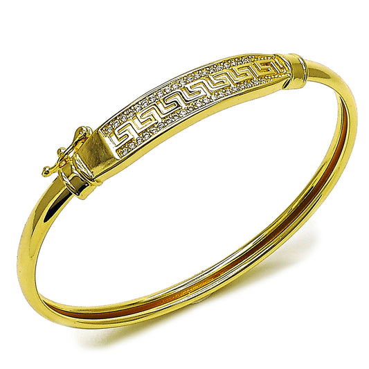 Gold Plated Gold Filled Oro Laminado Oro Laminado Individual Bangle, Gold Filled Style Greek Key Design, with White Cubic Zirconia, Polished, Golden 