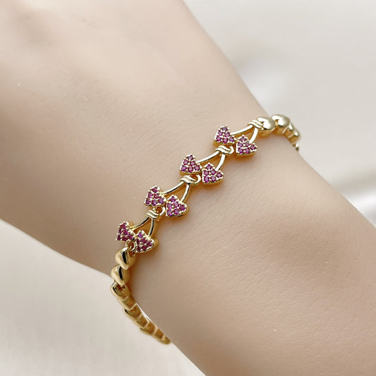 Oro Laminado Fancy Bracelet, Gold Filled Style Cherry Design, with Ruby Micro Pave, Polished, Golden Finish