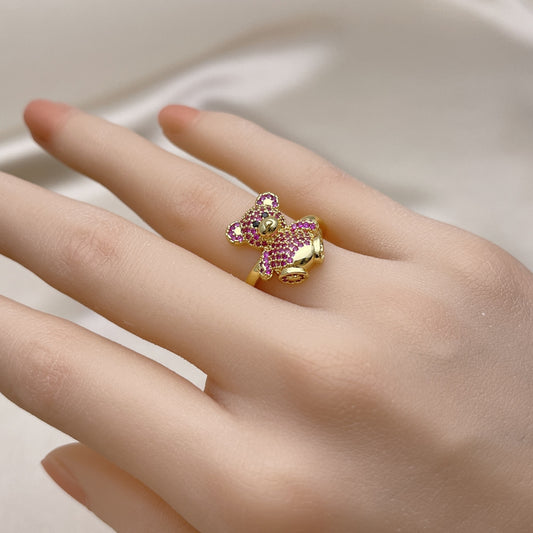 Oro Laminado Multi Stone Ring, Gold Filled Style Teddy Bear Design, with Ruby and Black Micro Pave, Polished, Golden Finish