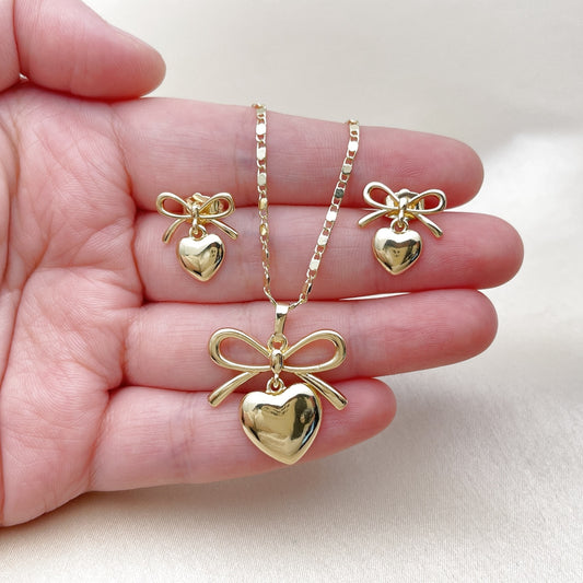 Oro Laminado Earring and Pendant Adult Set, Gold Filled Style Heart and Bow Design, Polished, Golden