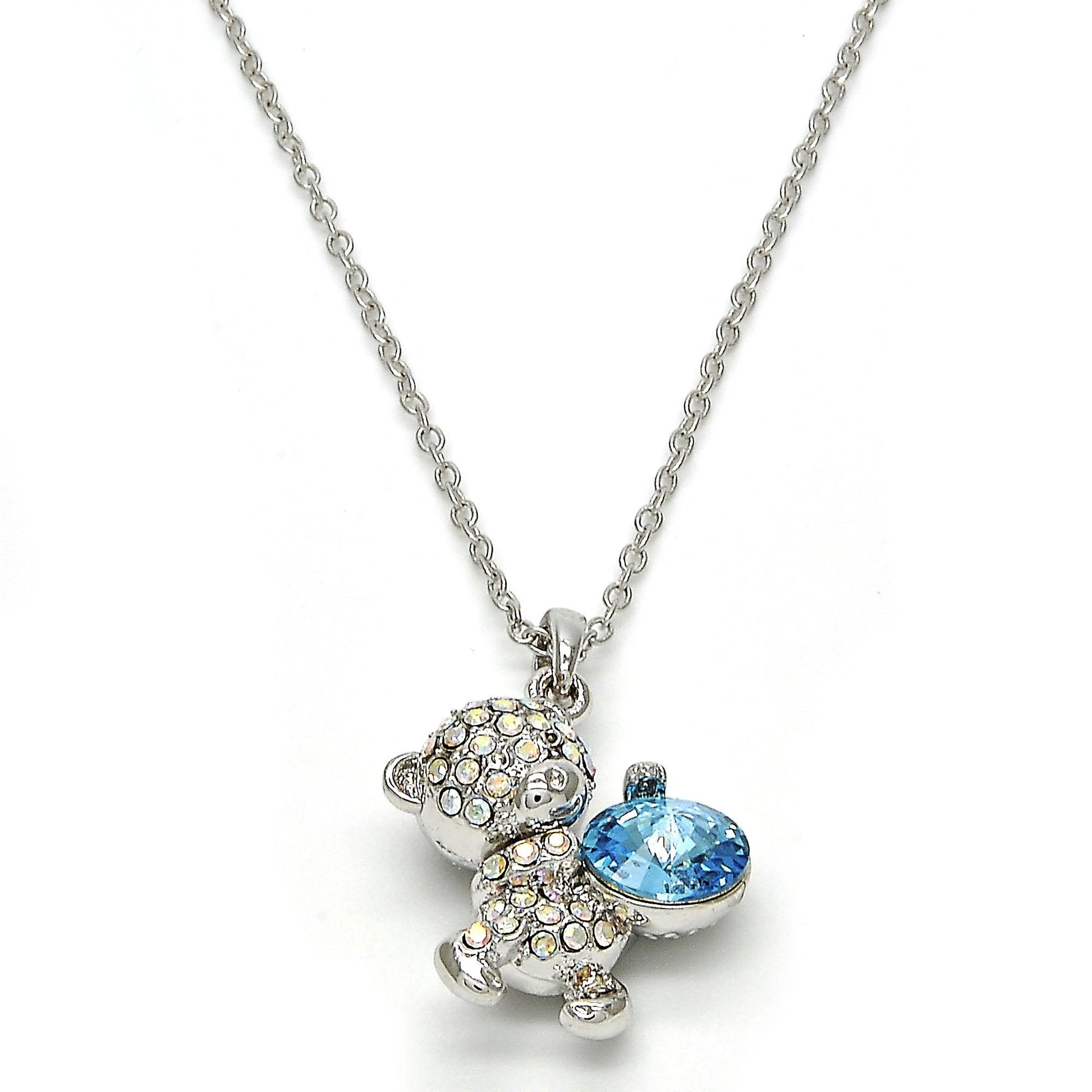 Rhodium Plated Pendant Necklace, Teddy Bear Design, with Aquamarine and Aurore Boreale Swarovski Crystals, Polished, Rhodium Finish