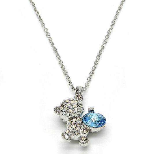 Rhodium Plated Pendant Necklace, Teddy Bear Design, with Aquamarine and Aurore Boreale Swarovski Crystals, Polished, Rhodium Finish