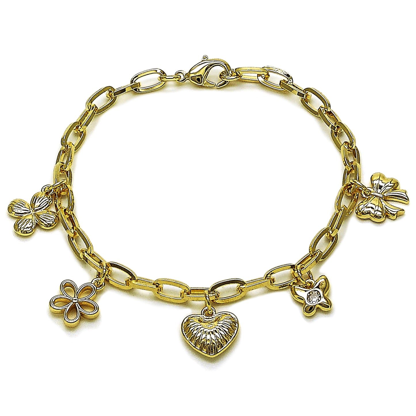 Gold Plated Gold Filled Oro Laminado Oro Laminado Charm Bracelet, Gold Filled Style Heart and Flower Design, Polished, Golden 