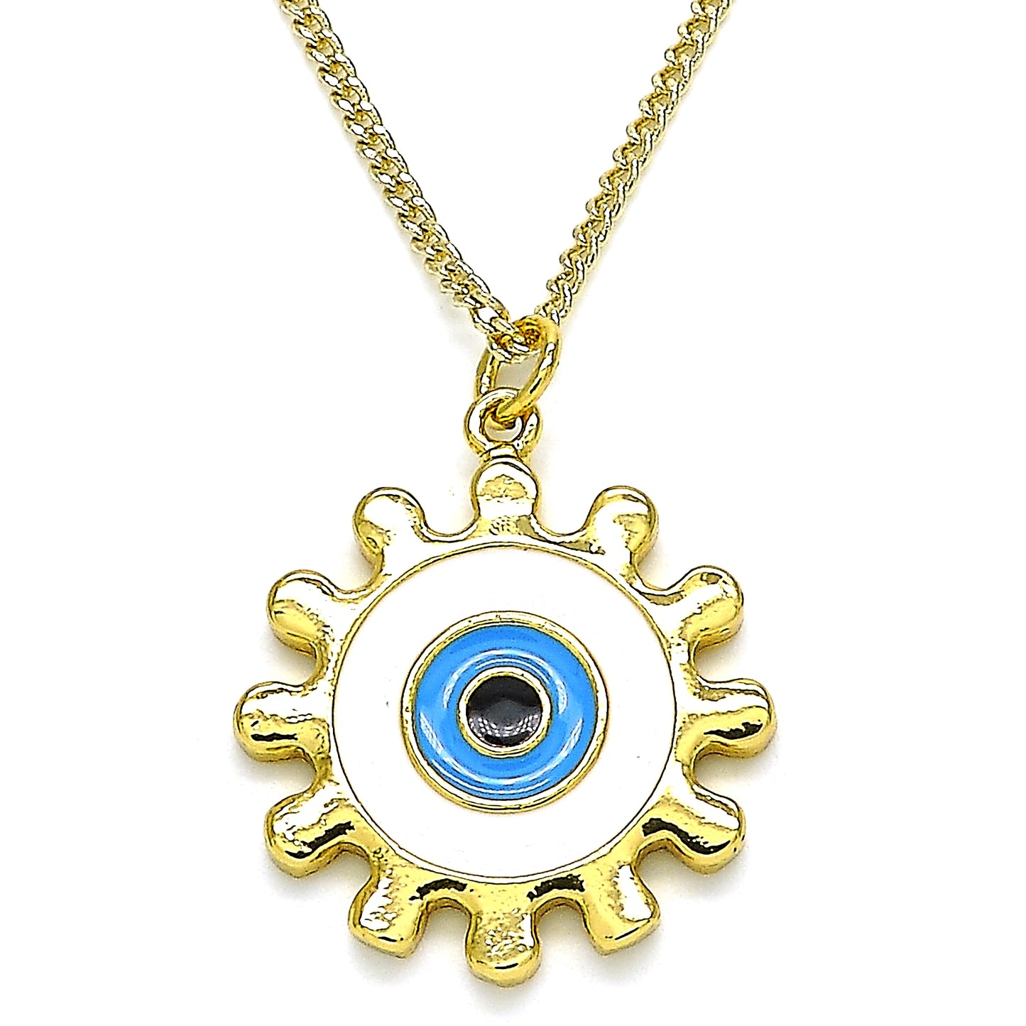 Oro Laminado Pendant Necklace, Gold Filled Style Evil Eye and Sun Design, White Enamel Finish