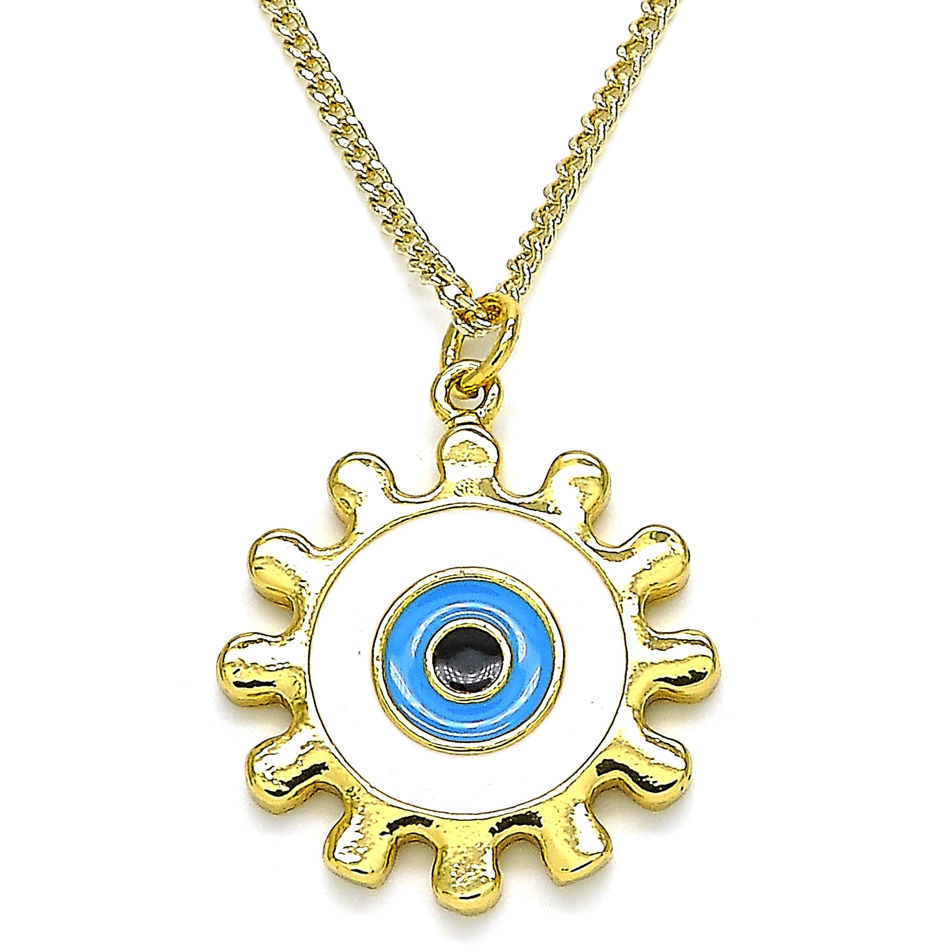 Oro Laminado Pendant Necklace, Gold Filled Style Evil Eye and Sun Design, White Enamel Finish