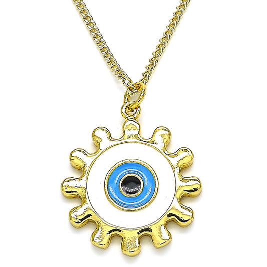 Oro Laminado Pendant Necklace, Gold Filled Style Evil Eye and Sun Design, White Enamel Finish