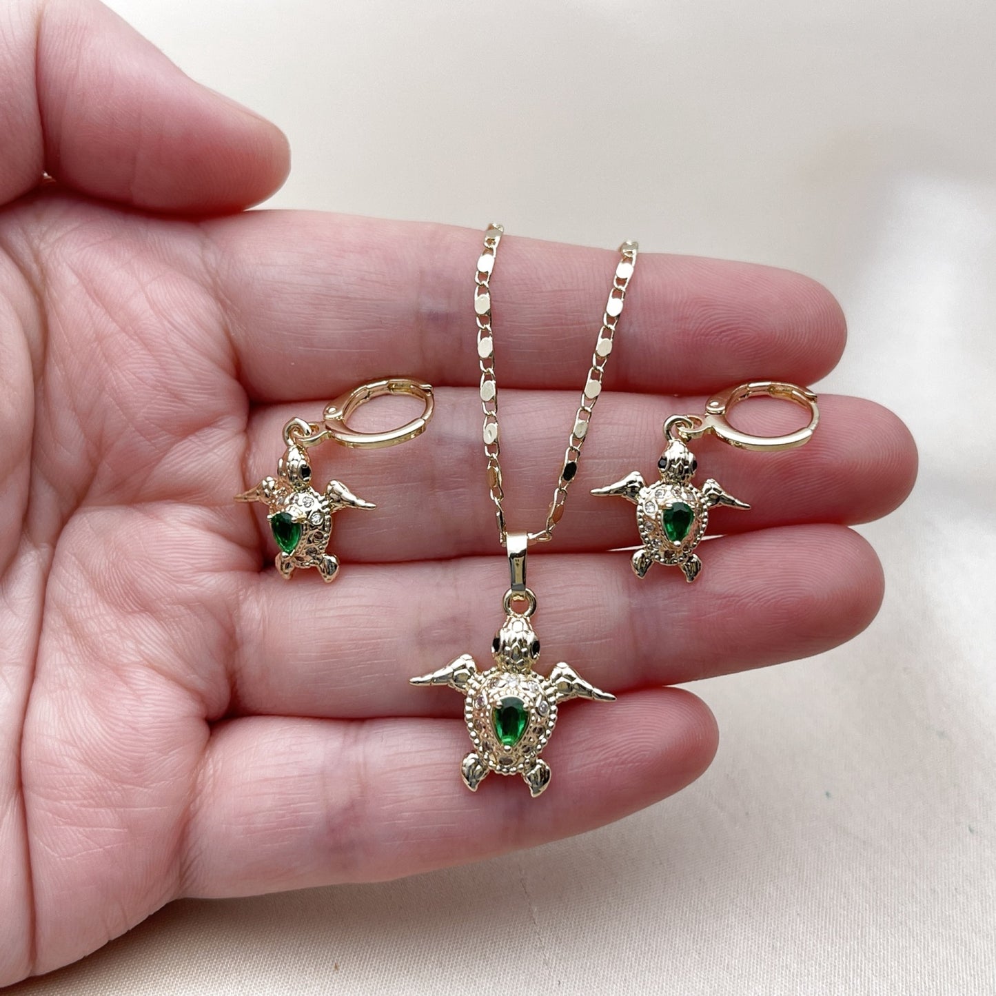 Oro Laminado Earring and Pendant Adult Set, Gold Filled Style Turtle and Teardrop Design, with Green and White Cubic Zirconia, Polished, Golden