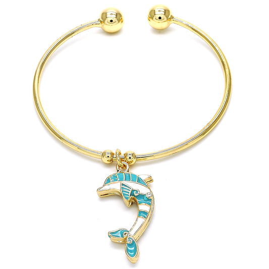 Gold Plated Gold Filled Oro Laminado Oro Laminado Individual Bangle, Gold Filled Style Dolphin Design, with White Crystal, Turquoise Enamel 