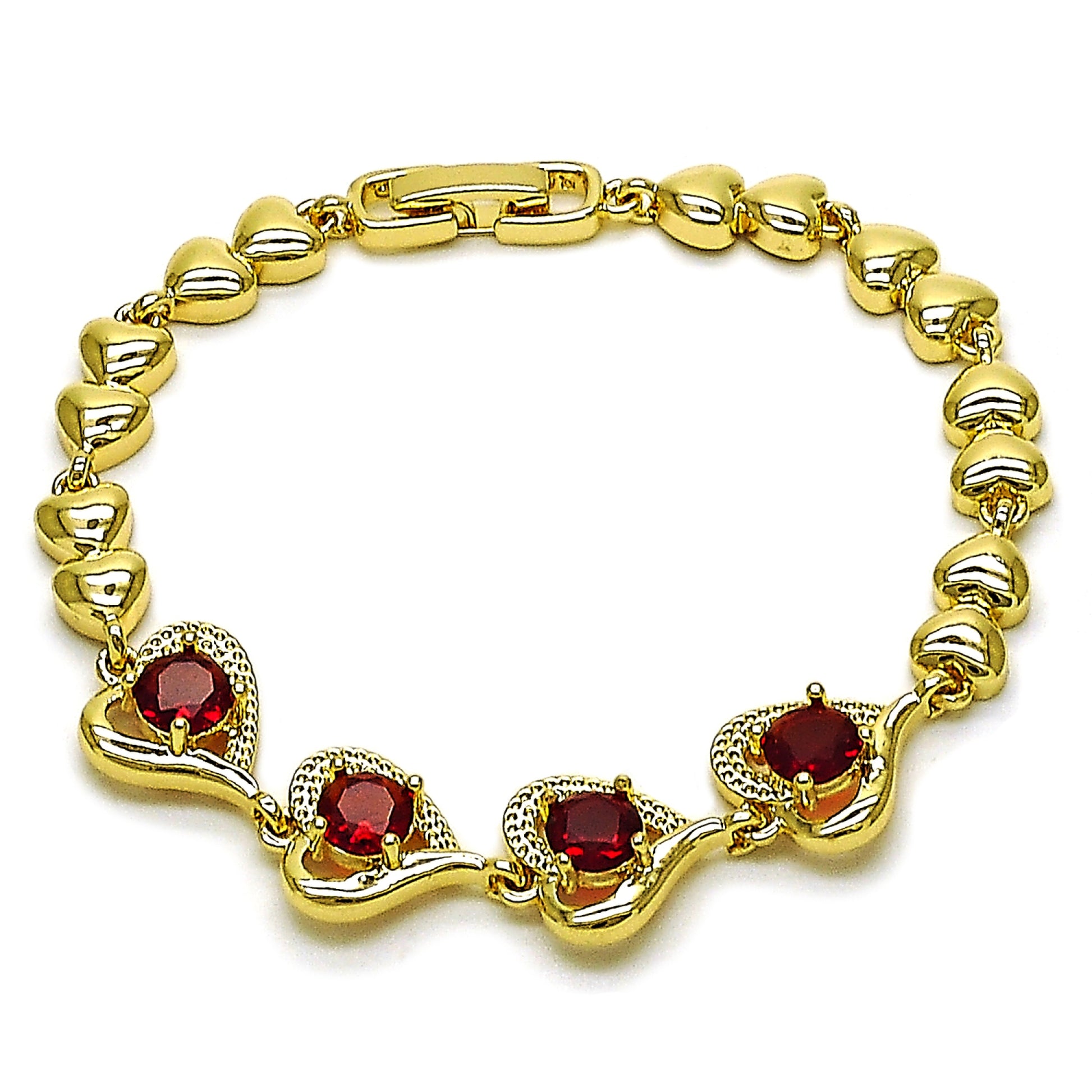 Gold Plated Gold Filled Oro Laminado Oro Laminado Fancy Bracelet, Gold Filled Style Heart Design, with Garnet Cubic Zirconia, Polished, Golden 