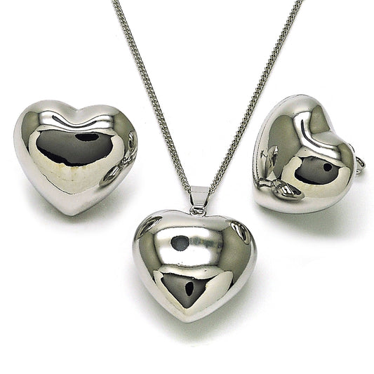 Rhodium Plated Earring and Pendant Adult Set, Chunky and Hollow Design, Polished, Rhodium