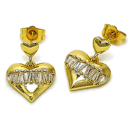Gold Plated Gold Filled Oro Laminado Oro Laminado Dangle Earring, Gold Filled Style Heart and Baguette Design, with White Cubic Zirconia, Polished, Golden 