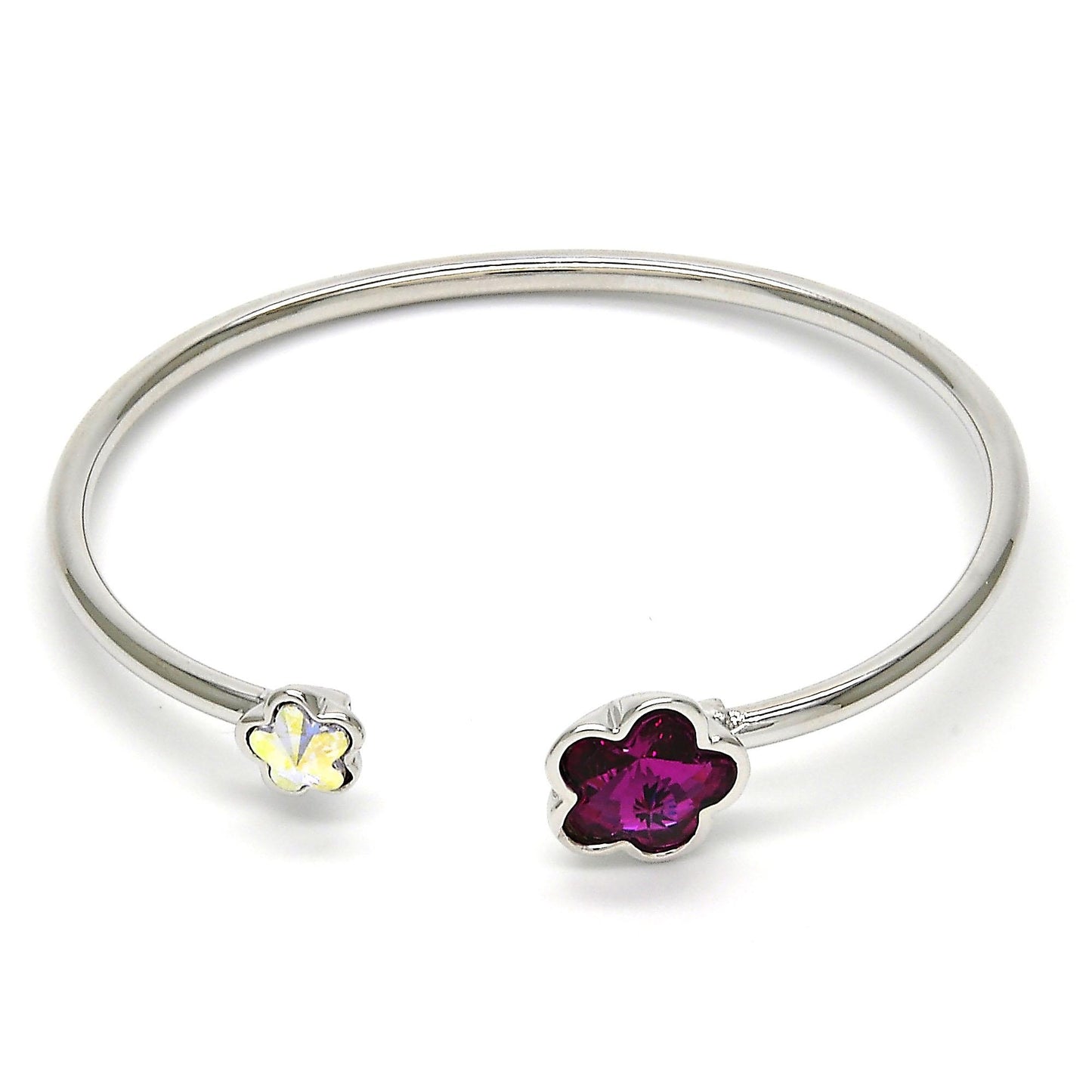 Rhodium Plated Individual Bangle, Flower Design, with Fuchsia and Aurore Boreale Swarovski Crystals, Polished, Rhodium Finish