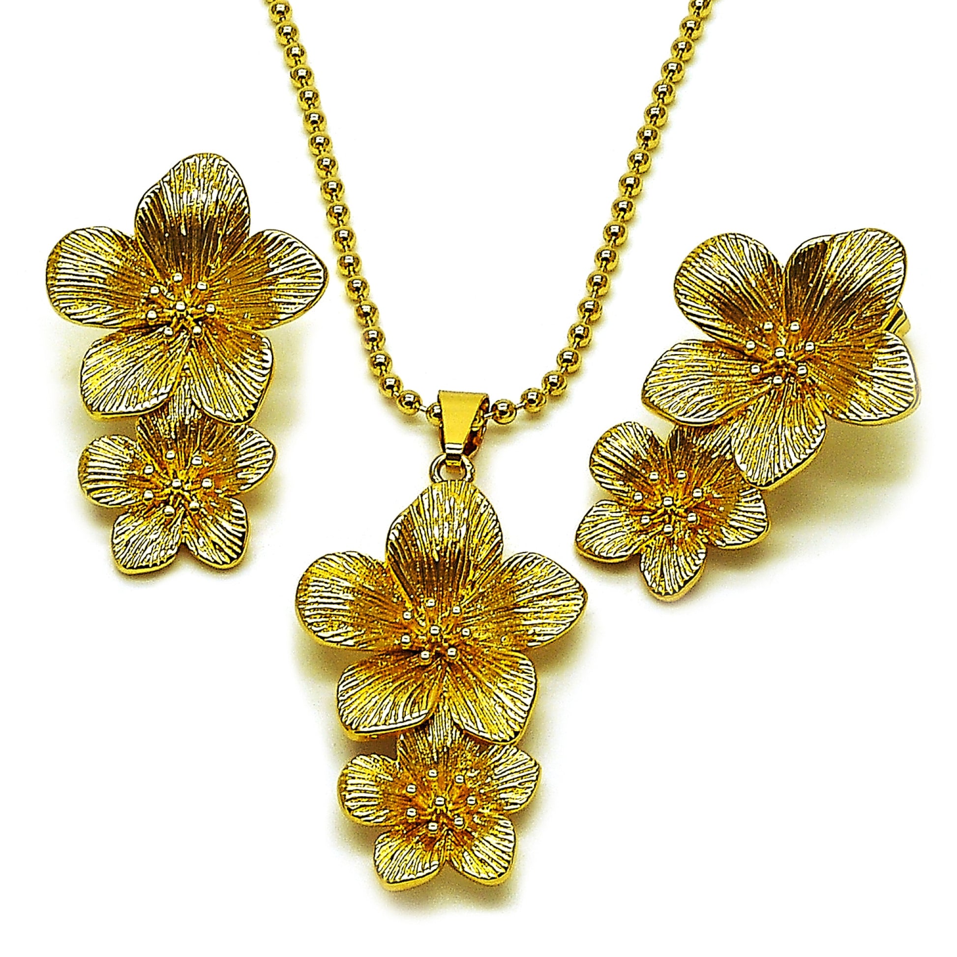 Oro Laminado Earring and Pendant Adult Set, Gold Filled Style Flower and Ball Design, Diamond Cutting Finish