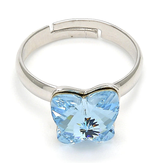 Rhodium Plated Multi Stone Ring, Butterfly Design, with Aquamarine Swarovski Crystals, Polished, Rhodium Finish
