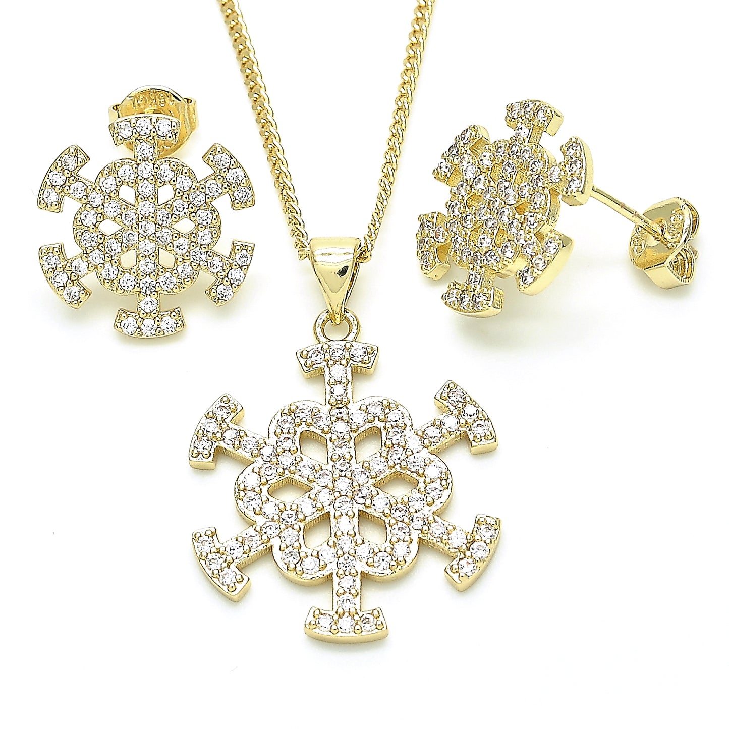 Oro Laminado Earring and Pendant Adult Set, Gold Filled Style Flower Design, with White Cubic Zirconia, Polished, Golden Finish