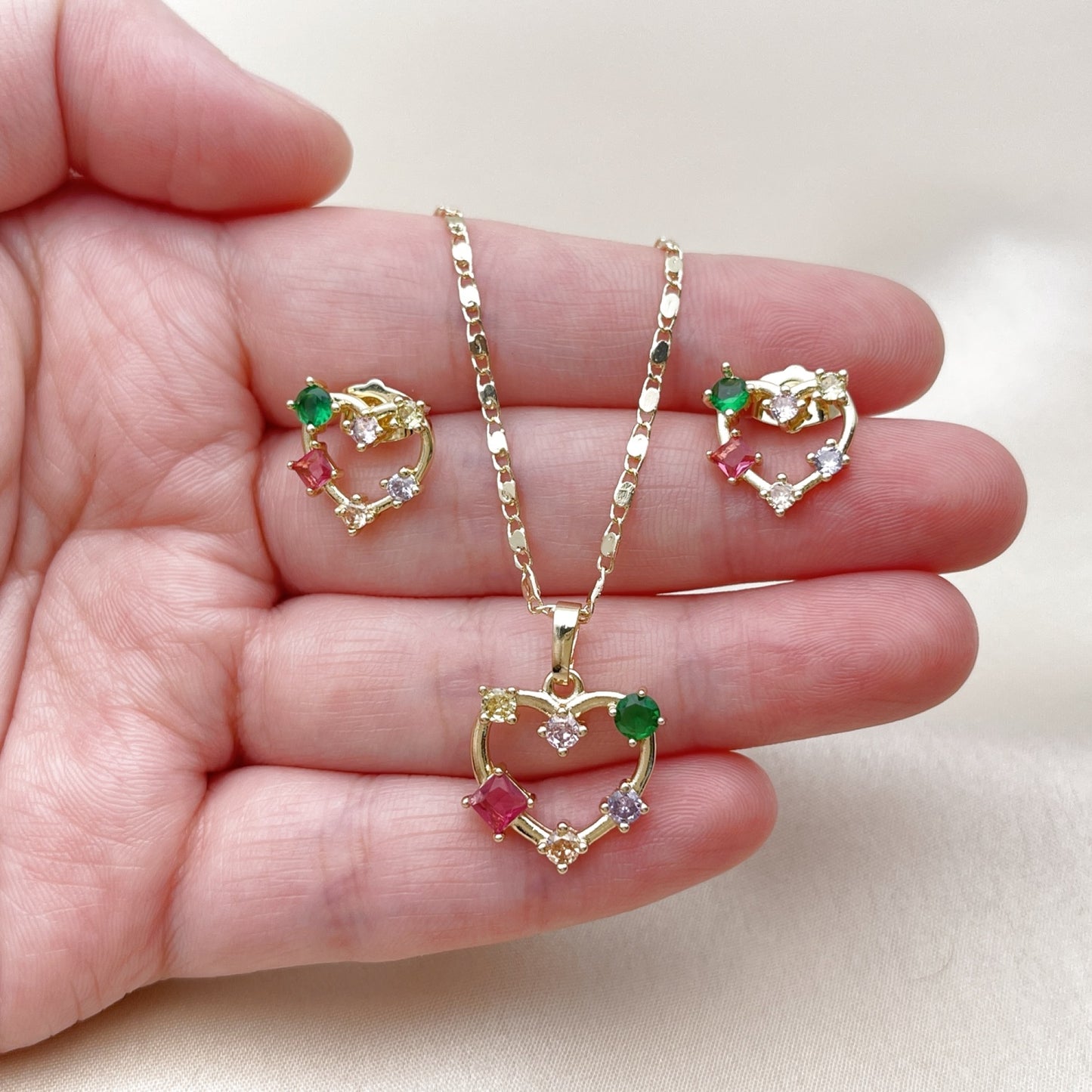 Oro Laminado Earring and Pendant Adult Set, Gold Filled Style Heart Design, with Multicolor Cubic Zirconia, Polished, Golden