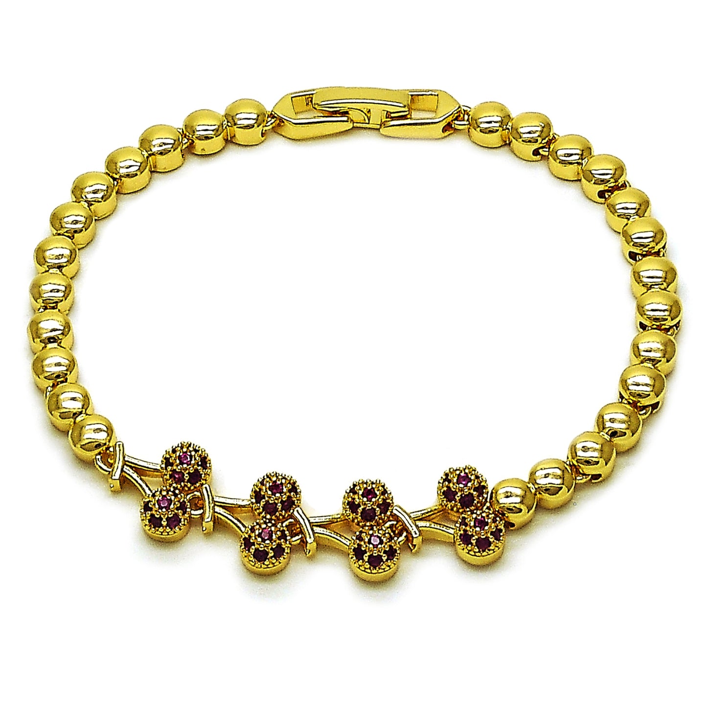 Oro Laminado Fancy Bracelet, Gold Filled Style Cherry Design, with Ruby Cubic Zirconia, Polished, Golden Finish