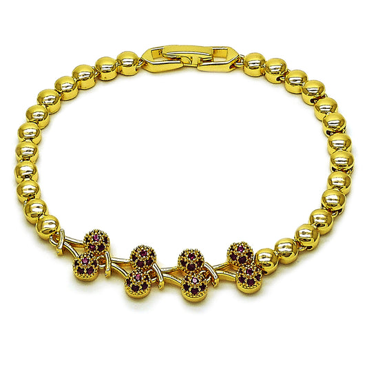 Oro Laminado Fancy Bracelet, Gold Filled Style Cherry Design, with Ruby Cubic Zirconia, Polished, Golden Finish