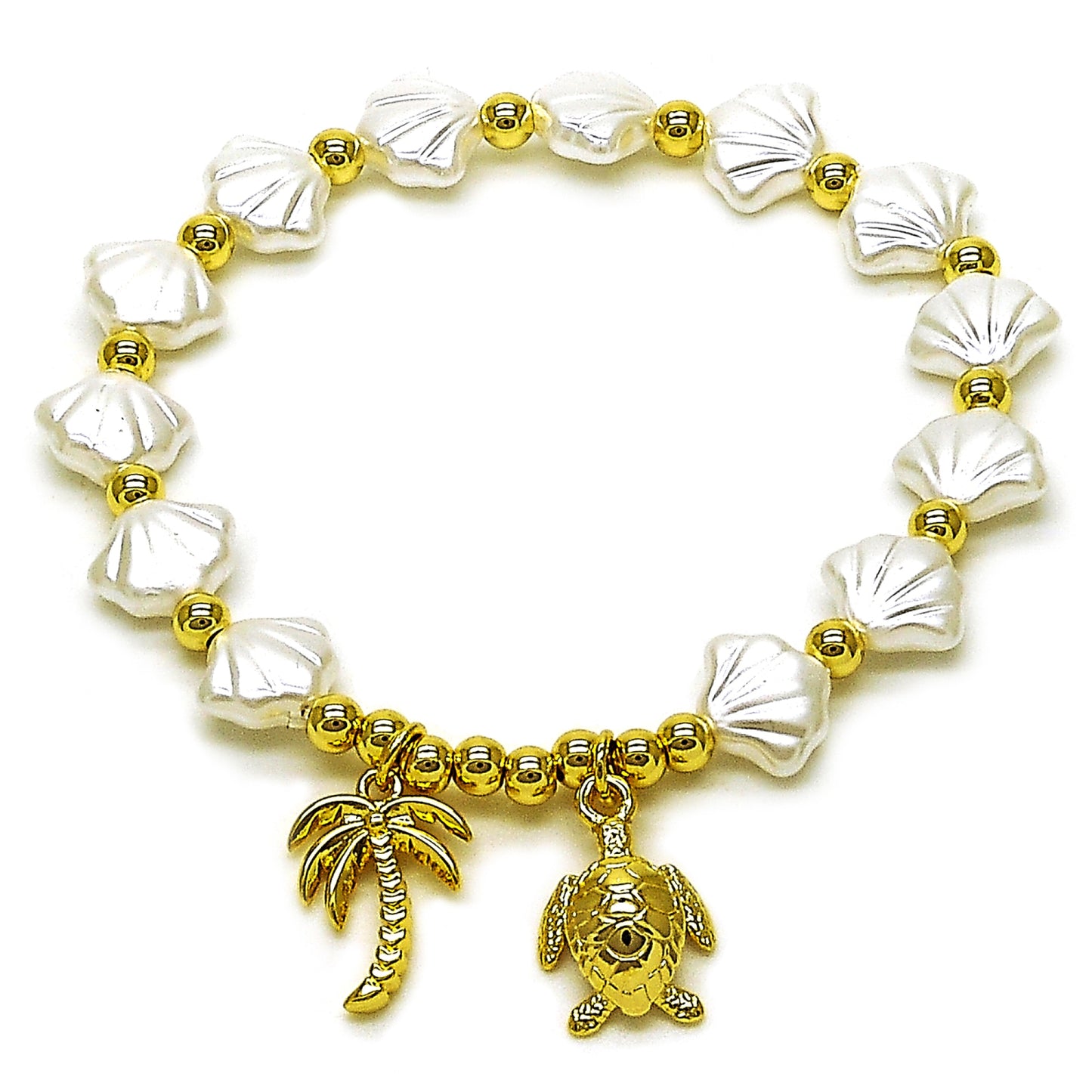 Oro Laminado Fancy Bracelet, Gold Filled Style Turtle and Palm Tree Design, with Ivory Pearl, Polished, Golden Finish
