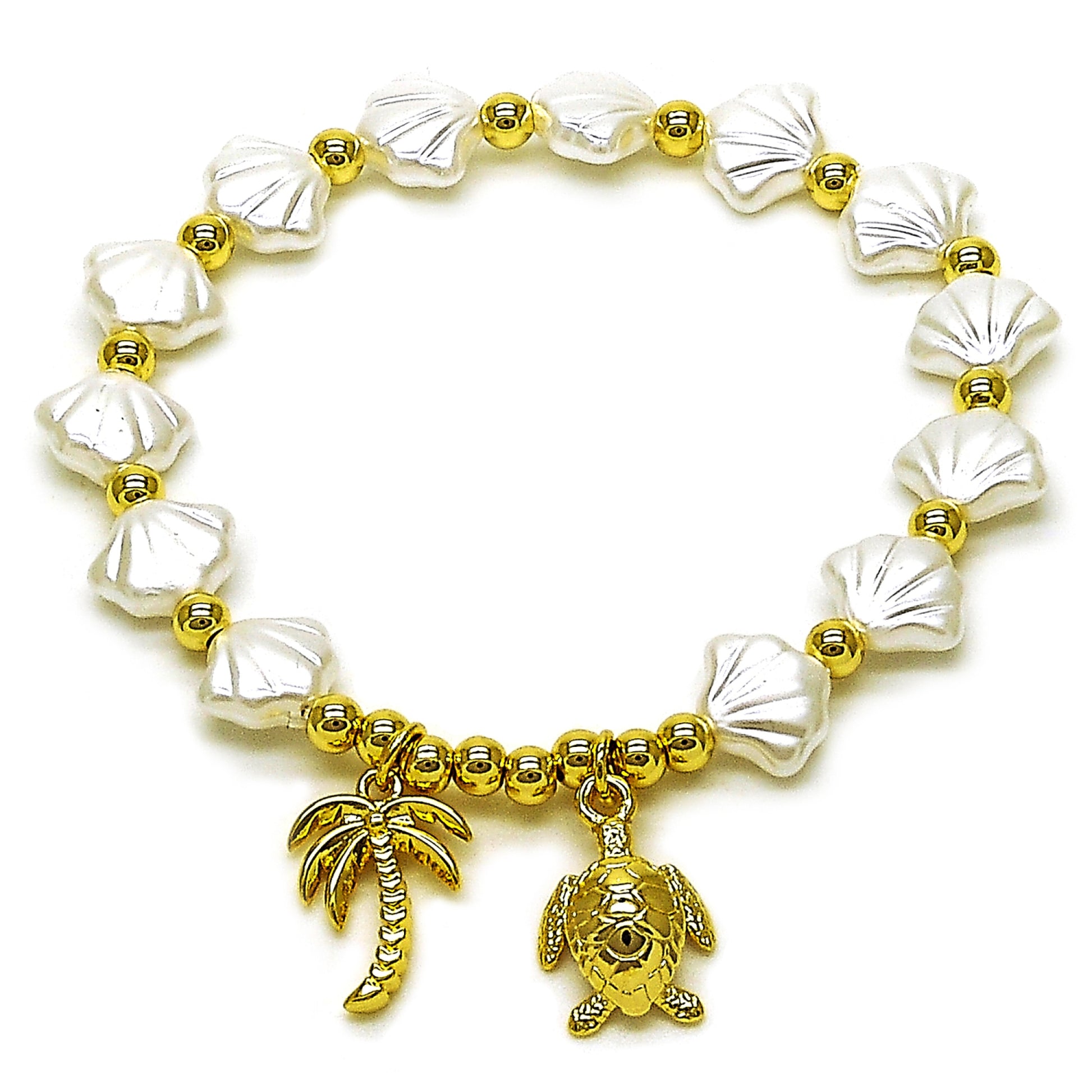 Oro Laminado Fancy Bracelet, Gold Filled Style Turtle and Palm Tree Design, with Ivory Pearl, Polished, Golden Finish