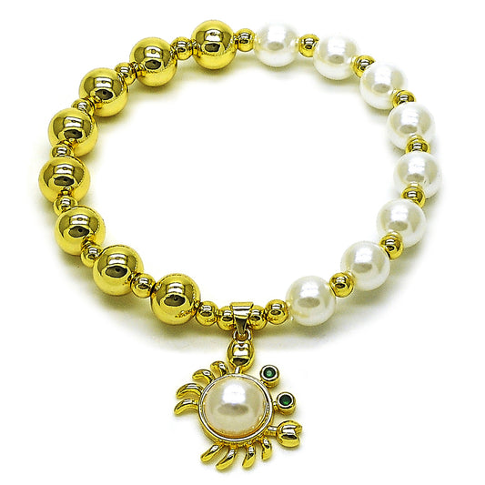 Gold Plated Gold Filled Oro Laminado Oro Laminado Fancy Bracelet, Gold Filled Style Expandable Bead and Ball Design, with Ivory Pearl and Green Cubic Zirconia, Polished, Golden 