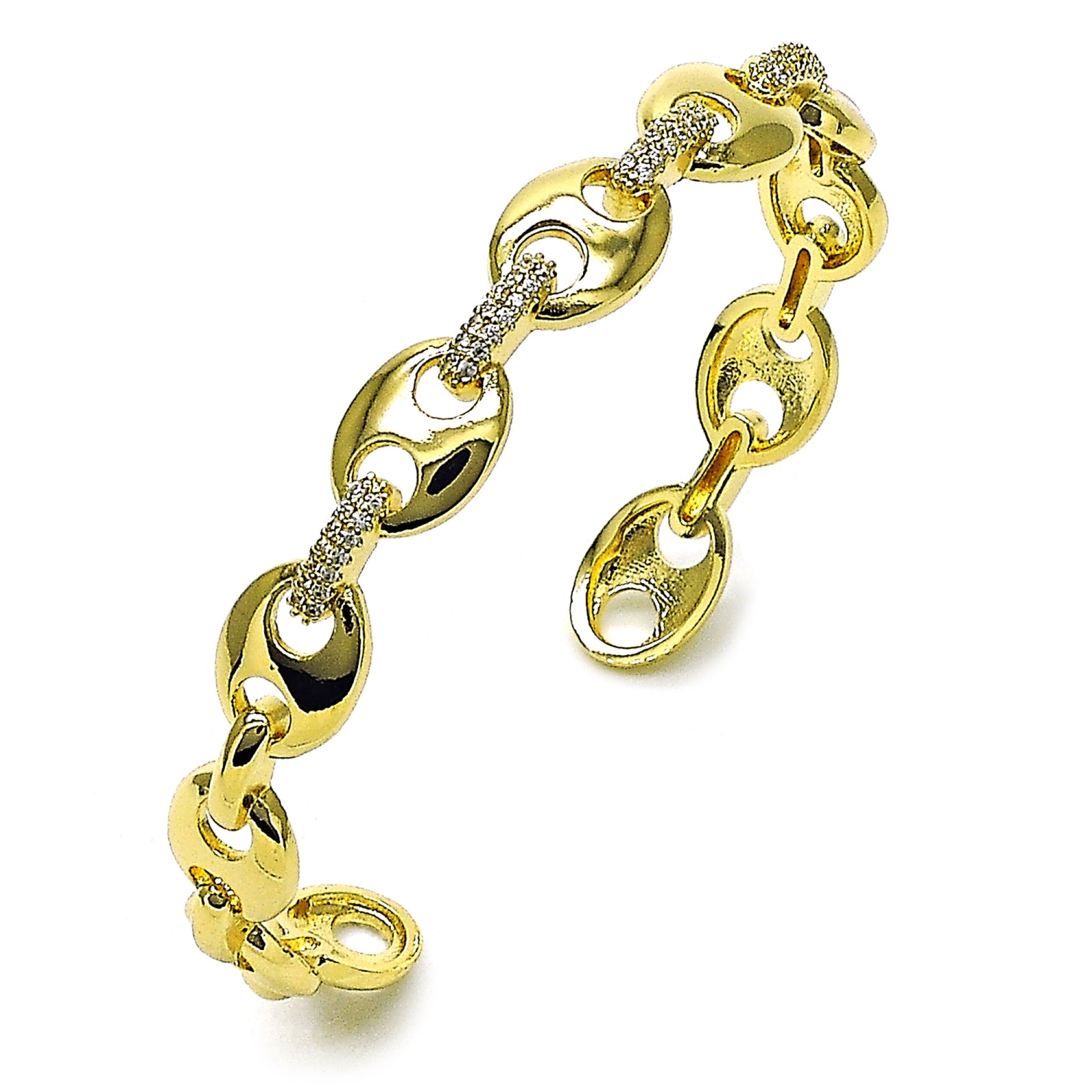 Oro Laminado Individual Bangle, Gold Filled Style Puff Mariner Design, with White Micro Pave, Polished, Golden Finish