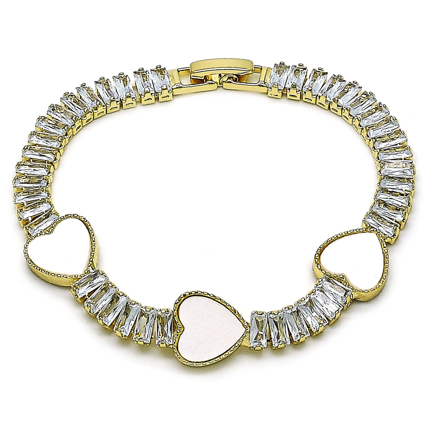Oro Laminado Fancy Bracelet, Gold Filled Style Heart and Baguette Design, with Ivory Mother of Pearl and White Cubic Zirconia, Polished, Golden Finish