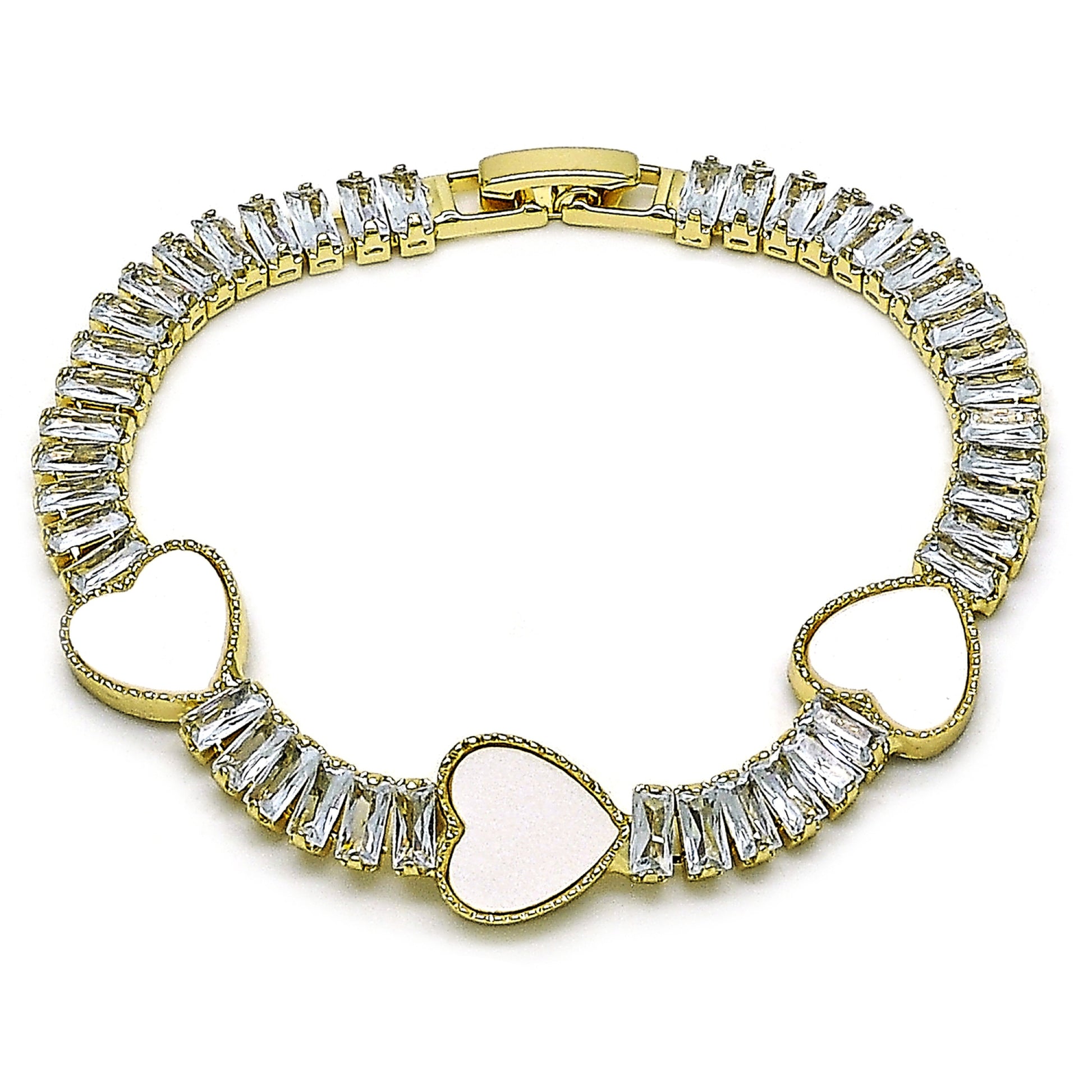 Oro Laminado Fancy Bracelet, Gold Filled Style Heart and Baguette Design, with Ivory Mother of Pearl and White Cubic Zirconia, Polished, Golden Finish