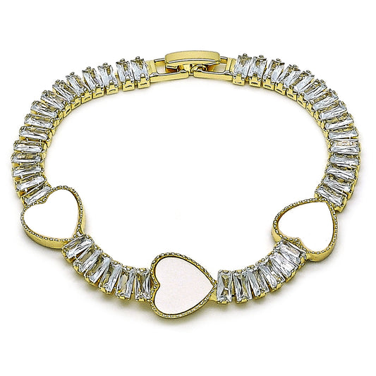 Oro Laminado Fancy Bracelet, Gold Filled Style Heart and Baguette Design, with Ivory Mother of Pearl and White Cubic Zirconia, Polished, Golden Finish