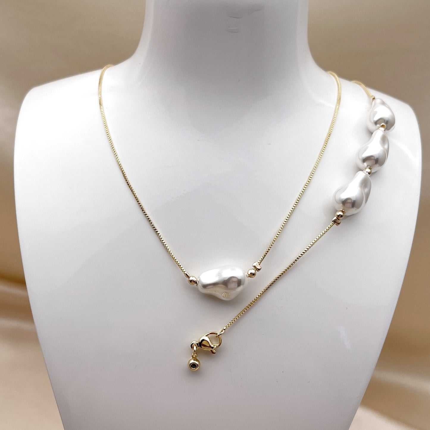 Oro Laminado Necklace and Bracelet, Gold Filled Style Box Design, with Ivory Pearl, Polished, Golden Finish