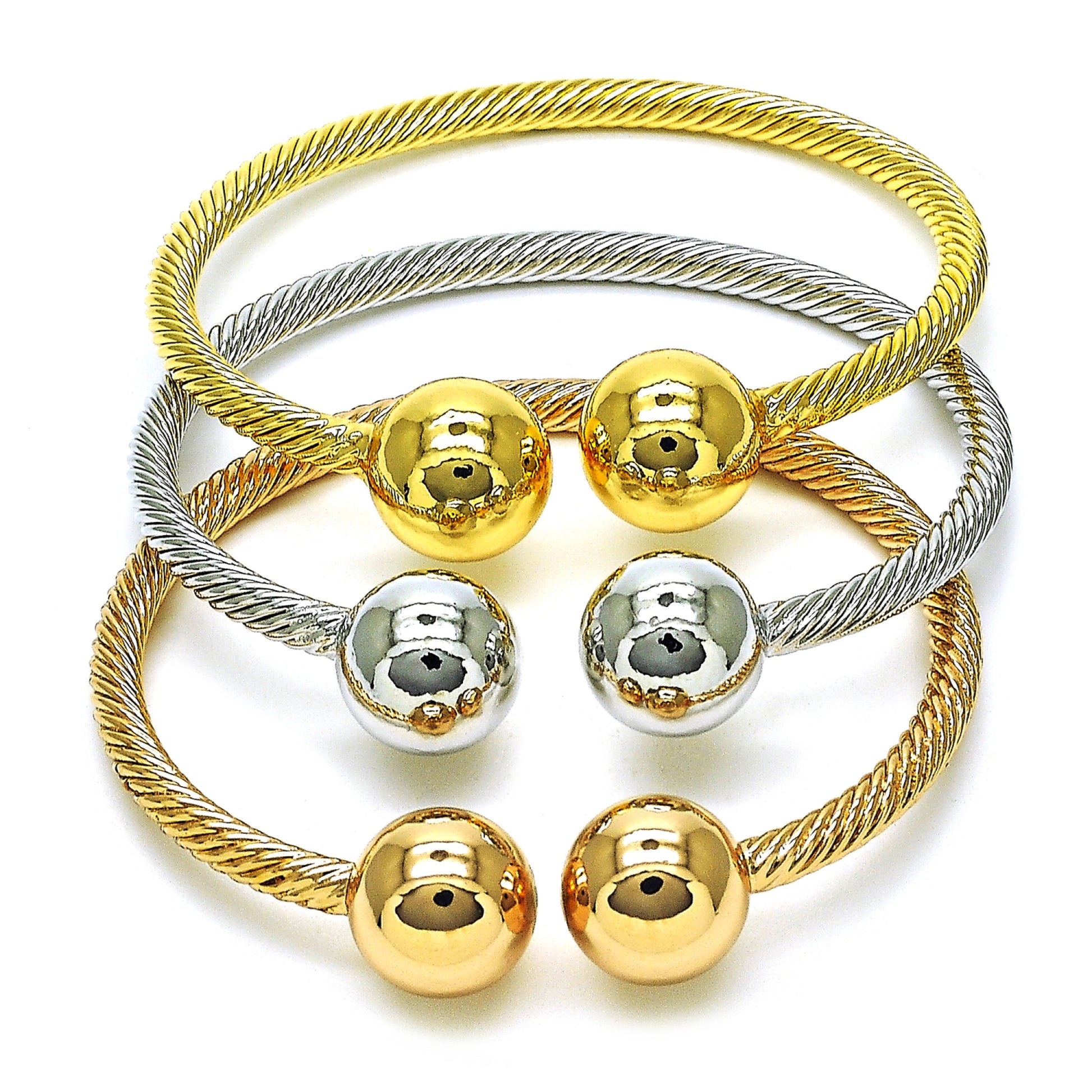 Oro Laminado Trio Bangle, Gold Filled Style Ball and Twist Design, Polished, Tricolor, 07.170.0019
