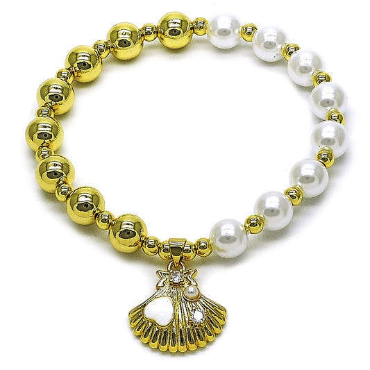 Gold Plated Gold Filled Oro Laminado Oro Laminado Fancy Bracelet, Gold Filled Style Expandable Bead and Shell Design, with Ivory Pearl and White Cubic Zirconia, White Enamel 