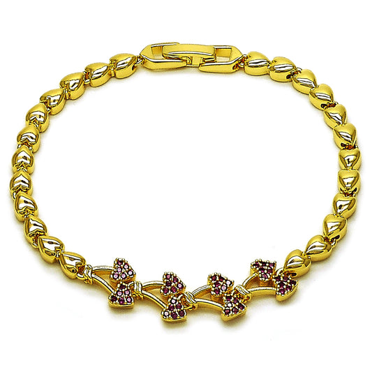 Oro Laminado Fancy Bracelet, Gold Filled Style Cherry Design, with Ruby Micro Pave, Polished, Golden Finish