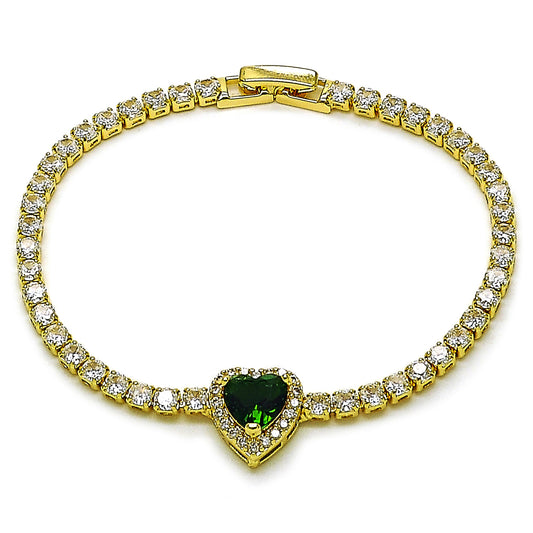 Gold Plated Gold Filled Oro Laminado Oro Laminado Fancy Bracelet, Gold Filled Style Heart and Cluster Design, with Green and White Cubic Zirconia, Polished, Golden 