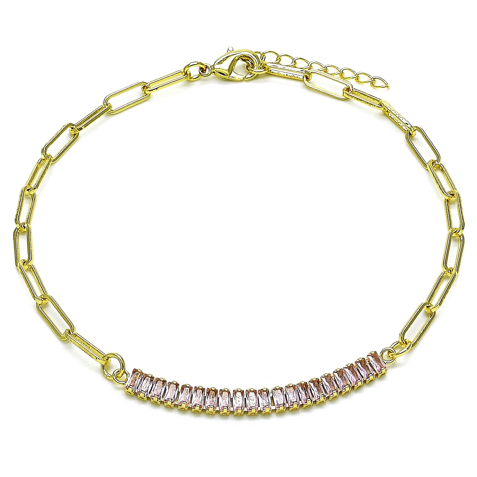 Oro Laminado Fancy Anklet, Gold Filled Style Paperclip and Baguette Design, with Pink Cubic Zirconia, Polished, Golden Finish