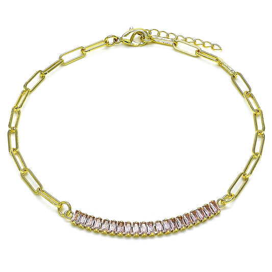 Oro Laminado Fancy Anklet, Gold Filled Style Paperclip and Baguette Design, with Pink Cubic Zirconia, Polished, Golden Finish