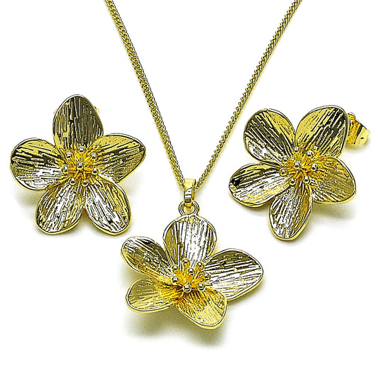 Gold Plated Gold Filled Oro Laminado Oro Laminado Earring and Pendant Adult Set, Gold Filled Style Flower Design, Diamond Cutting 