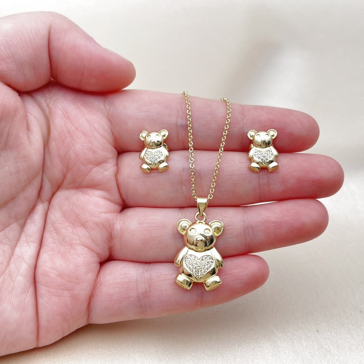 Oro Laminado Earring and Pendant Adult Set, Gold Filled Style Teddy Bear and Heart Design, with White Micro Pave, Polished, Golden