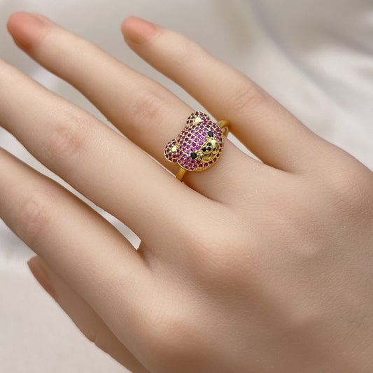 Oro Laminado Multi Stone Ring, Gold Filled Style Teddy Bear Design, with Ruby and Black Micro Pave, Polished, Golden Finish