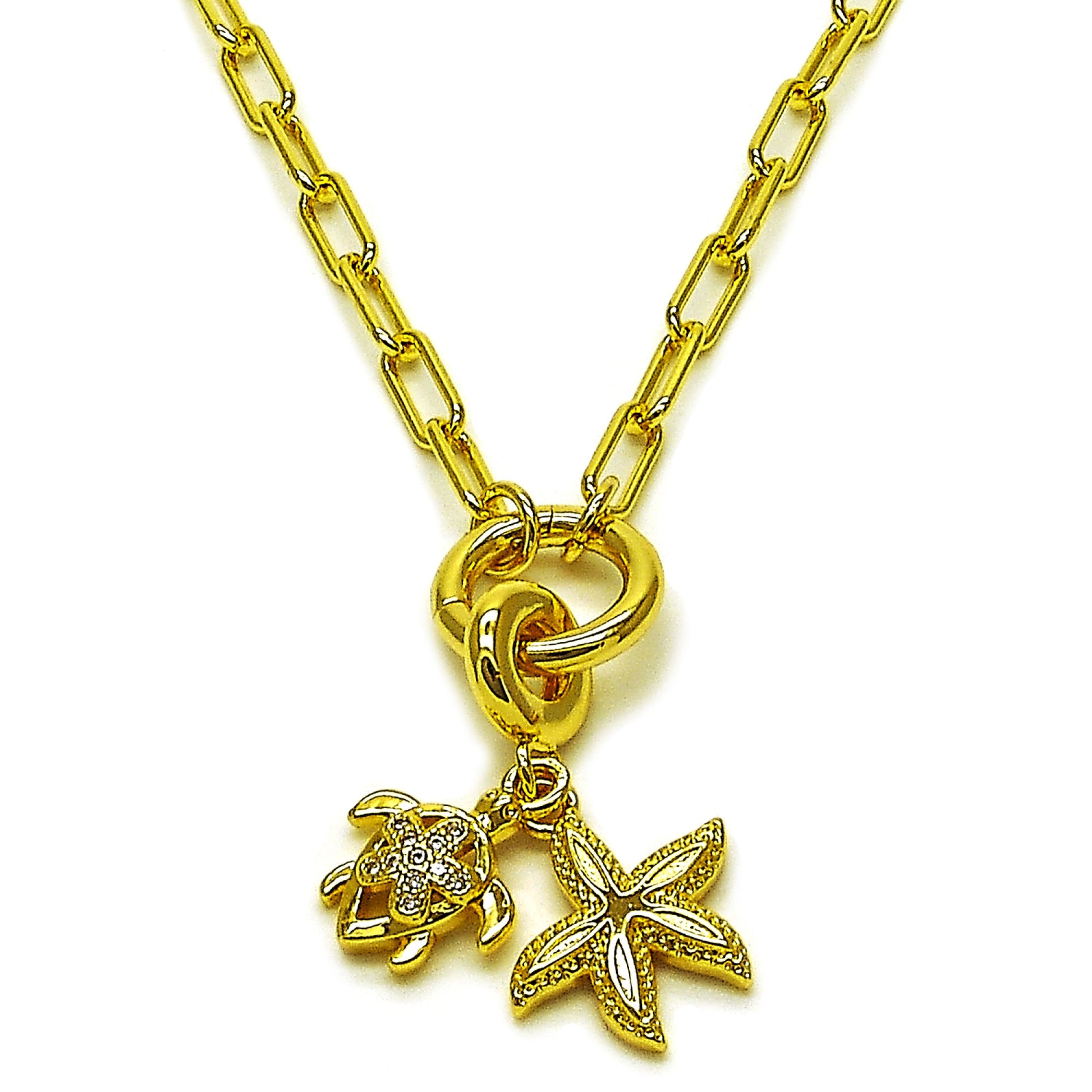 Oro Laminado Fancy Necklace, Gold Filled Style Turtle and Star Design, with White Micro Pave, Polished, Golden Finish