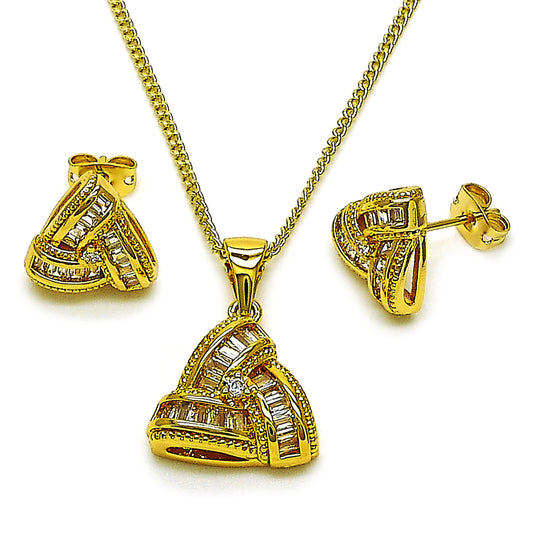 Gold Plated Gold Filled Oro Laminado Oro Laminado Earring and Pendant Adult Set, Gold Filled Style Love Knot and Baguette Design, with White Cubic Zirconia, Polished, Golden 