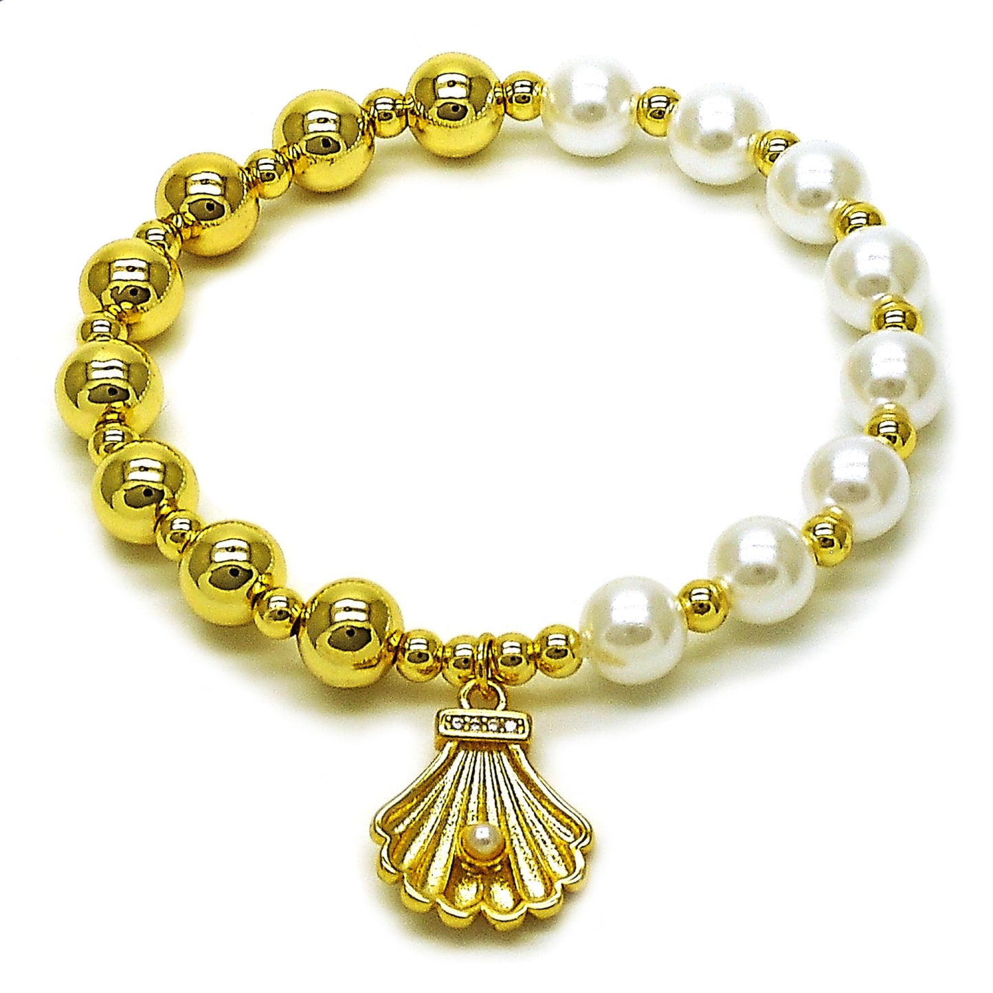 Oro Laminado Fancy Bracelet, Gold Filled Style Shell and Ball Design, with Ivory Pearl and White Micro Pave, Polished, Golden Finish