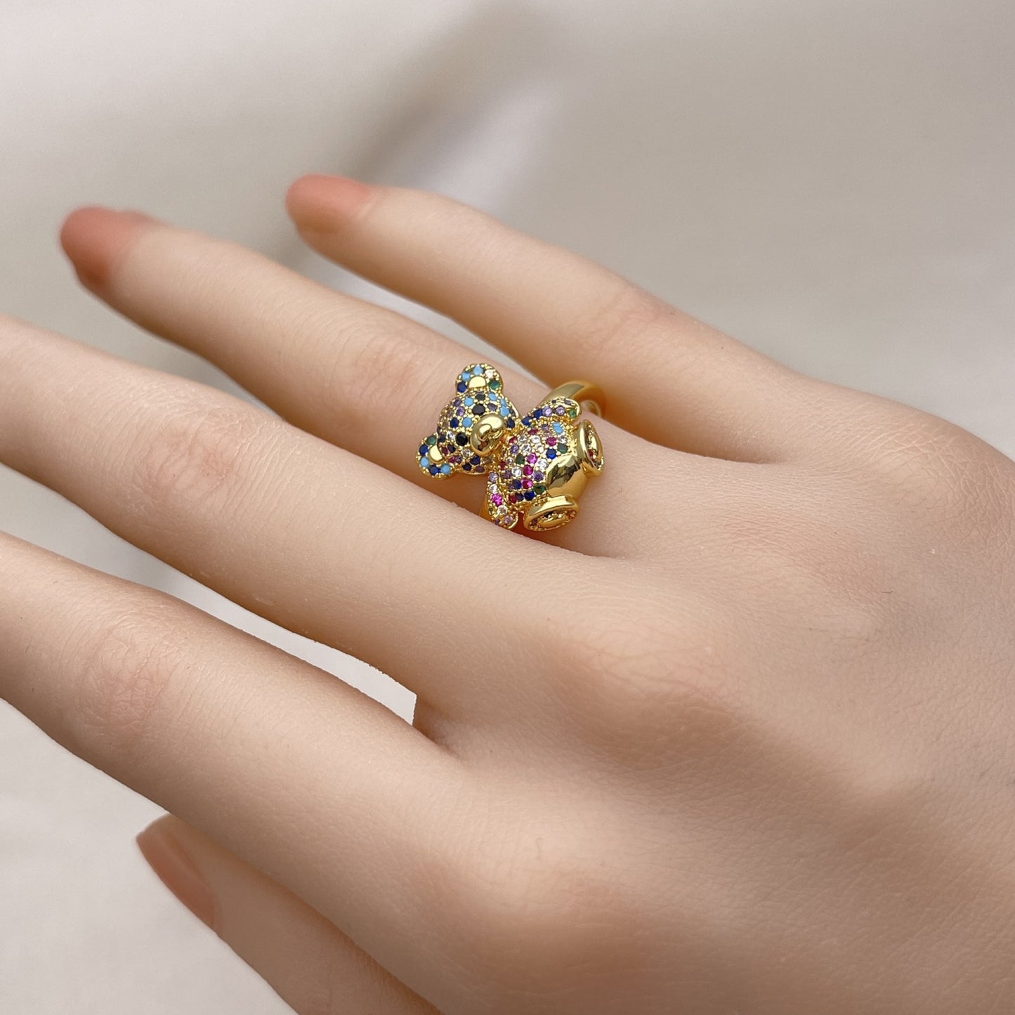 Oro Laminado Multi Stone Ring, Gold Filled Style Teddy Bear Design, with Multicolor Micro Pave, Polished, Golden Finish