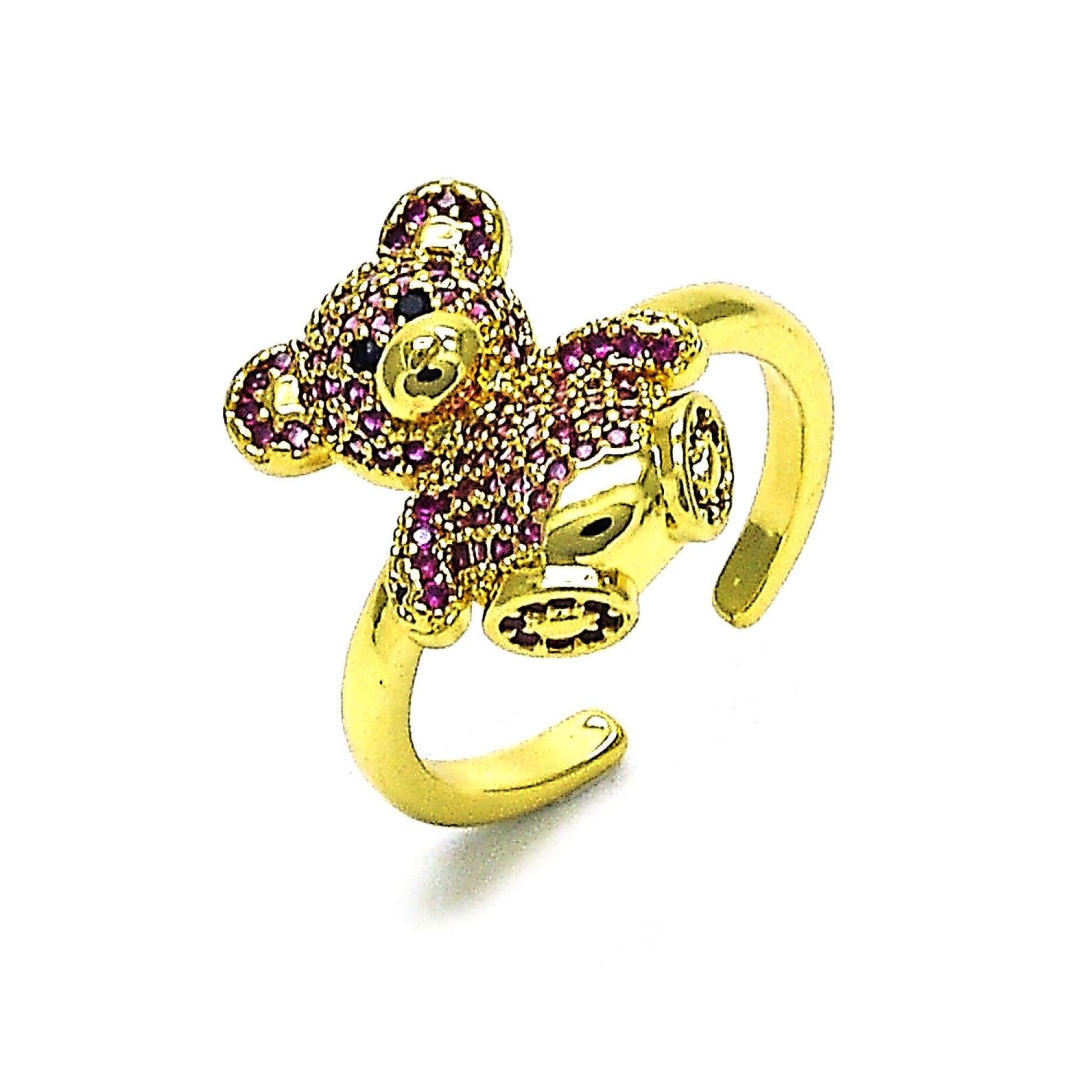 Oro Laminado Multi Stone Ring, Gold Filled Style Teddy Bear Design, with Ruby and Black Micro Pave, Polished, Golden Finish